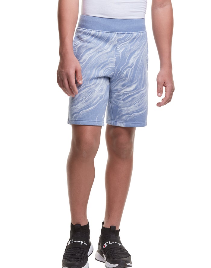 Champion Drenge Shorts LyseBlå - Reverse Weave Fleece Marble Dye Print - Danmark MXJ-713956